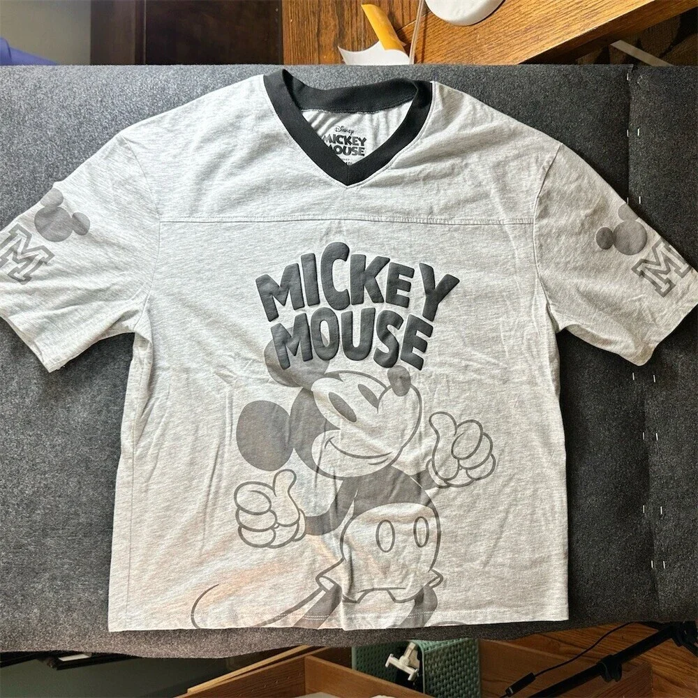 Disney Mickey Mouse T-Shirt Womens M Gray Football Graphic V-Neck Short - Picture 1 of 4